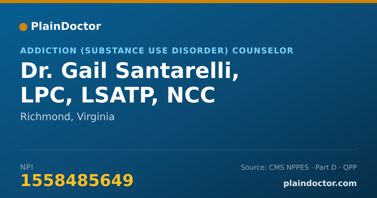 Shareable card for Gail Santarelli, LPC, LSATP, NCC - Addiction (Substance Use Disorder) Counselor, Richmond, VA