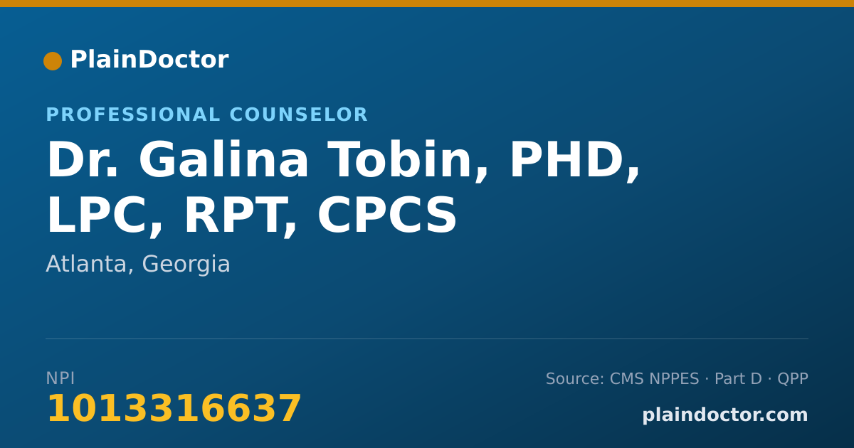 Shareable card for Galina Tobin, PHD, LPC, RPT, CPCS - Professional Counselor, Atlanta, GA