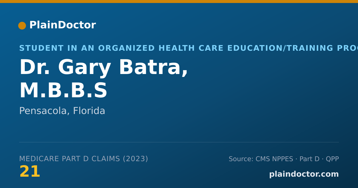 Shareable card for Gary Batra, M.B.B.S - Student in an Organized Health Care Education/Training Program, Pensacola, FL