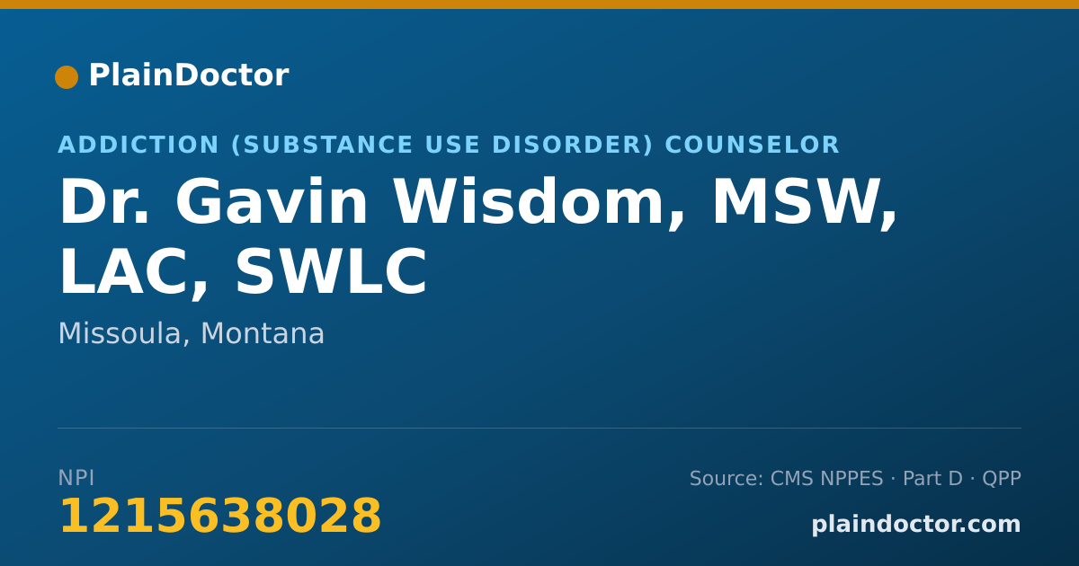 Shareable card for Gavin Wisdom, MSW, LAC, SWLC - Addiction (Substance Use Disorder) Counselor, Missoula, MT