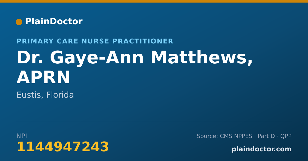 Shareable card for Gaye-Ann Matthews, APRN - Primary Care Nurse Practitioner, Eustis, FL