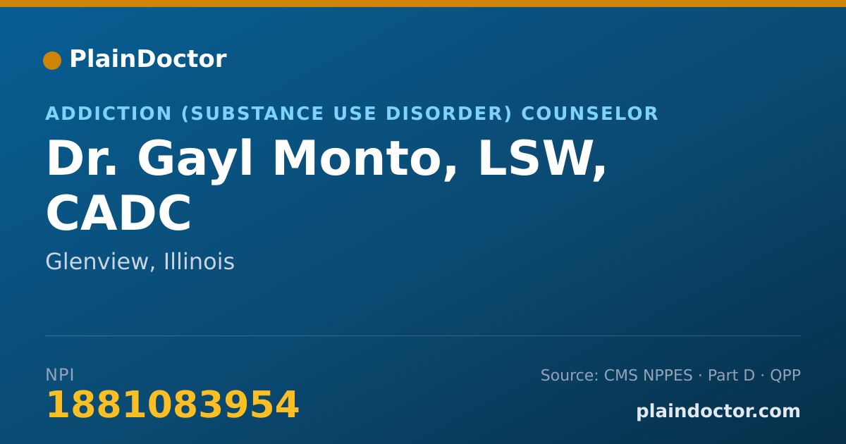 Shareable card for Gayl Monto, LSW, CADC - Addiction (Substance Use Disorder) Counselor, Glenview, IL