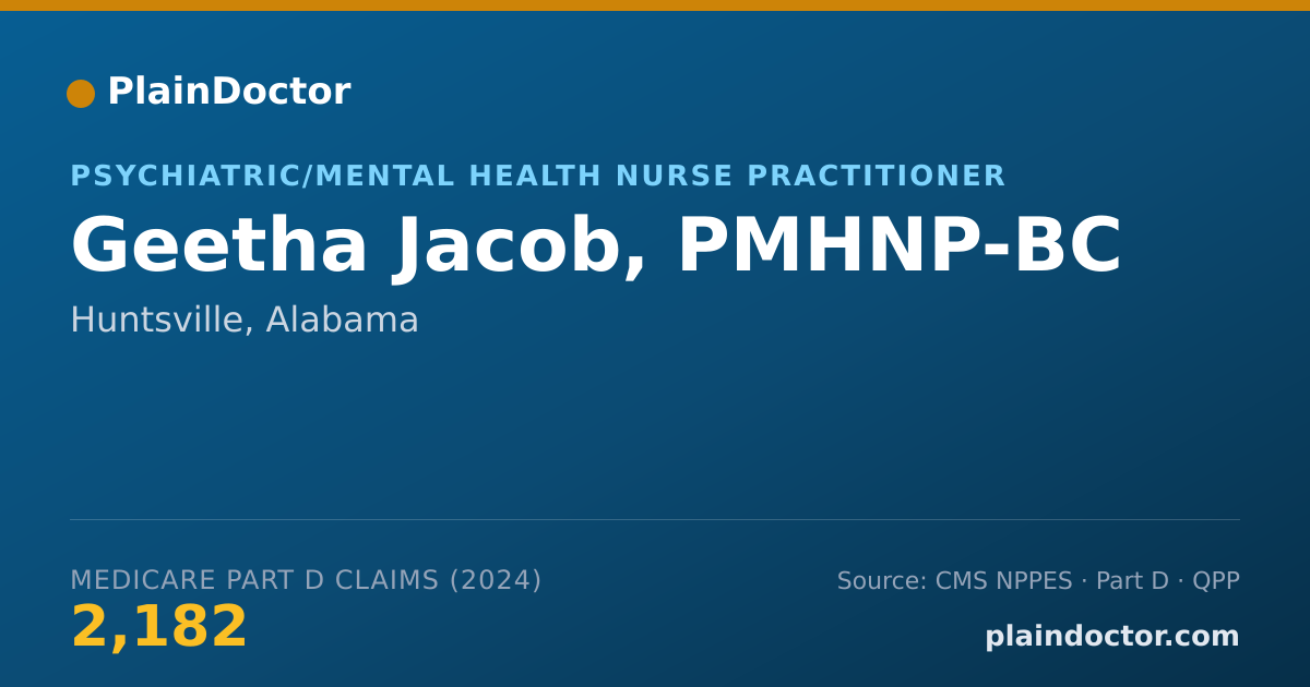 Shareable card for Geetha Jacob, PMHNP-BC - Psychiatric/Mental Health Nurse Practitioner, Huntsville, AL