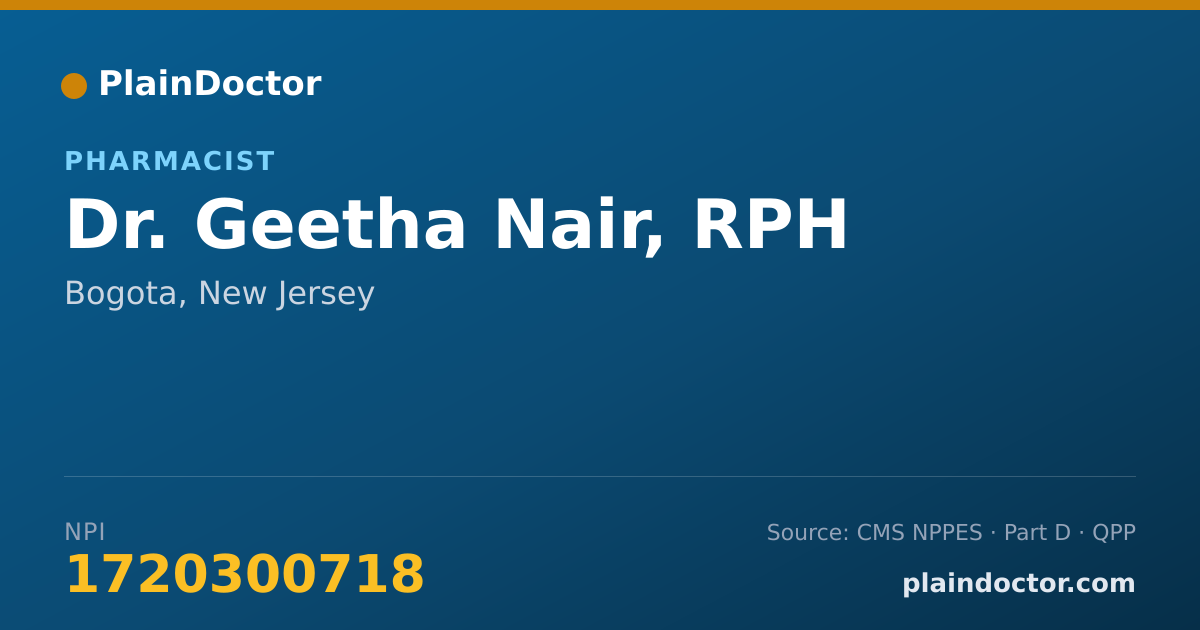 Shareable card for Geetha Nair, RPH - Pharmacist, Bogota, NJ
