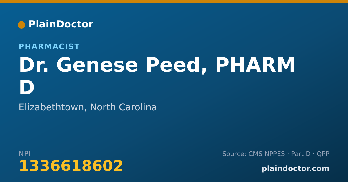 Shareable card for Genese Peed, PHARM D - Pharmacist, Elizabethtown, NC