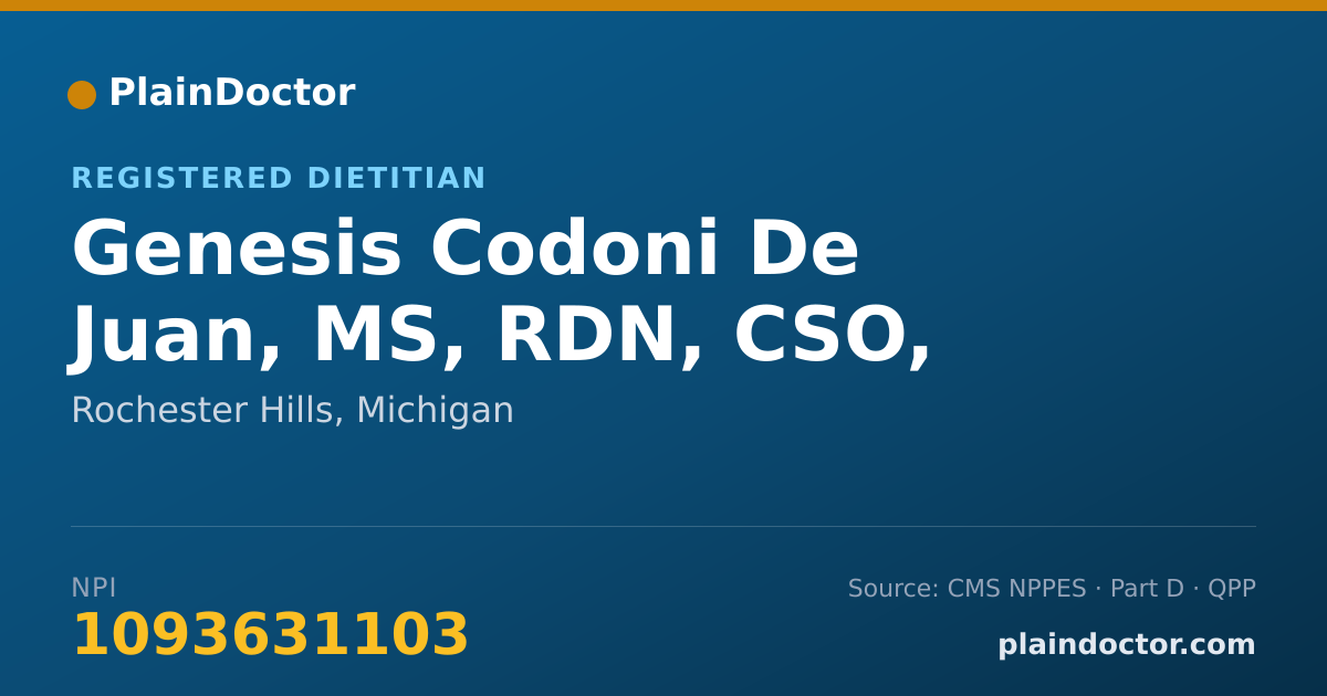 Shareable card for Genesis Codoni De Juan, MS, RDN, CSO, CDN - Registered Dietitian, Rochester Hills, MI