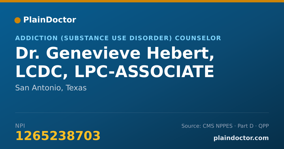 Shareable card for Genevieve Hebert, LCDC, LPC-ASSOCIATE - Addiction (Substance Use Disorder) Counselor, San Antonio, TX