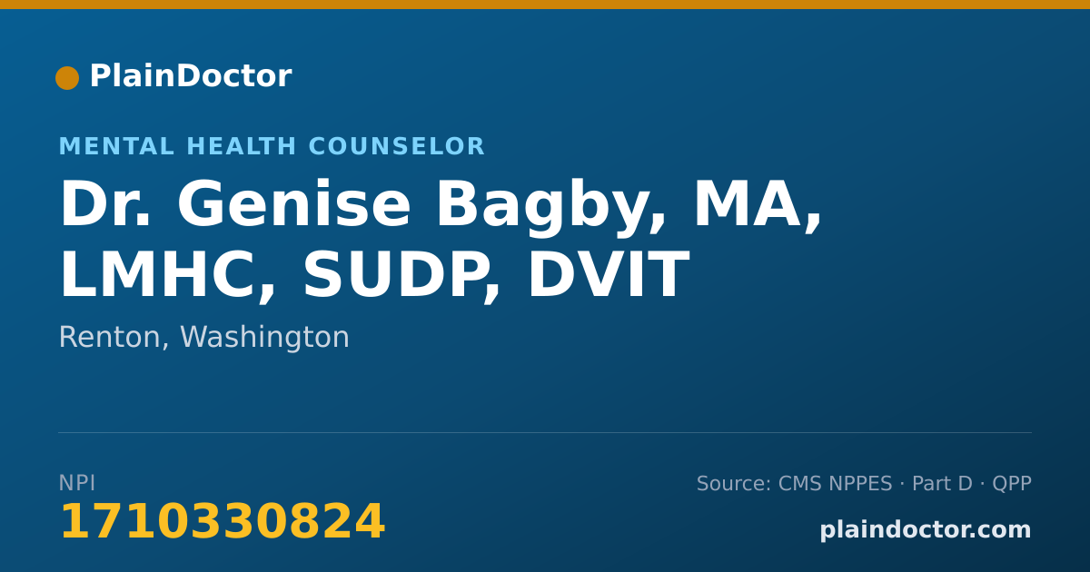Shareable card for Genise Bagby, MA, LMHC, SUDP, DVIT - Mental Health Counselor, Renton, WA