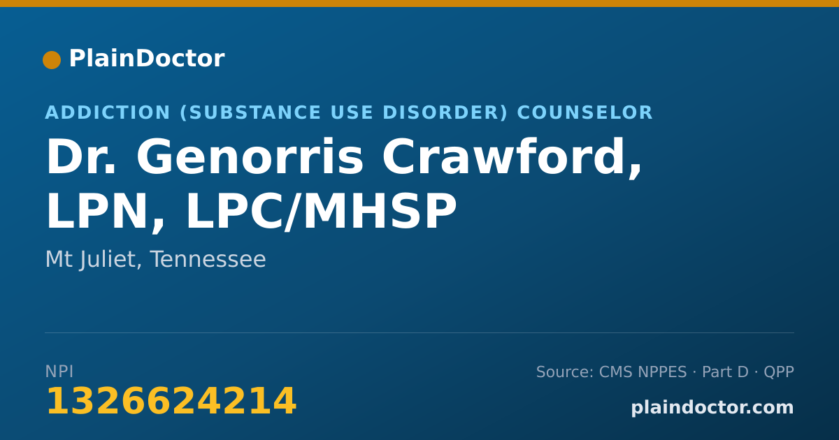 Shareable card for Genorris Crawford, LPN, LPC/MHSP - Addiction (Substance Use Disorder) Counselor, Mt Juliet, TN