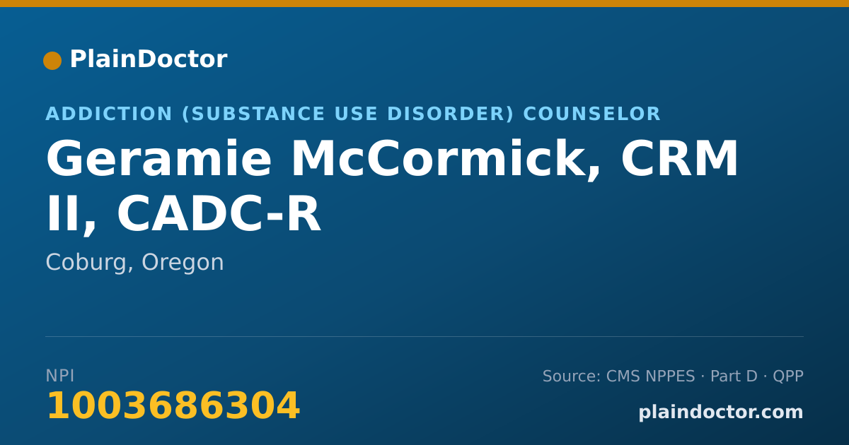 Shareable card for Geramie McCormick, CRM II, CADC-R - Addiction (Substance Use Disorder) Counselor, Coburg, OR