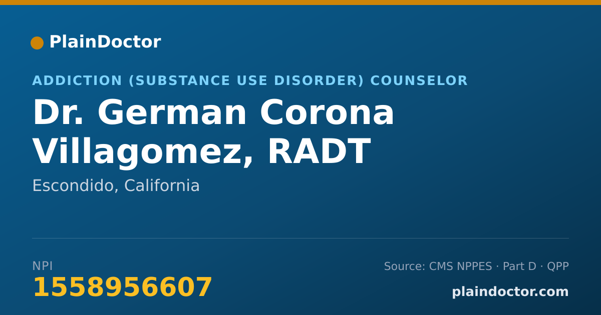 Shareable card for German Corona Villagomez, RADT - Addiction (Substance Use Disorder) Counselor, Escondido, CA