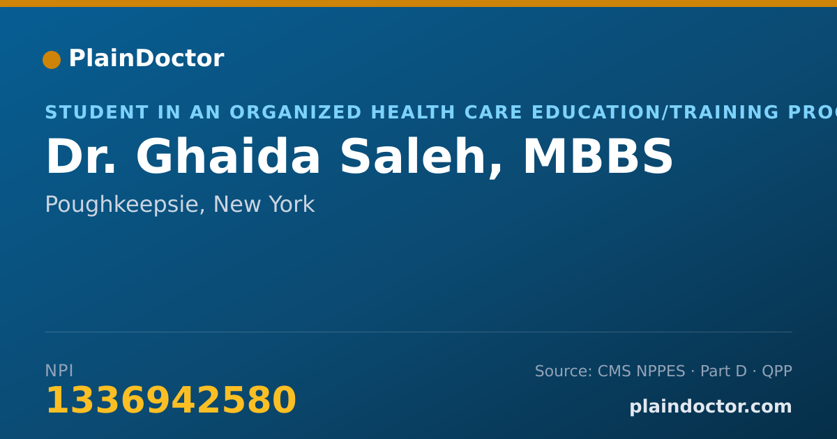 Shareable card for Ghaida Saleh, MBBS - Student in an Organized Health Care Education/Training Program, Poughkeepsie, NY