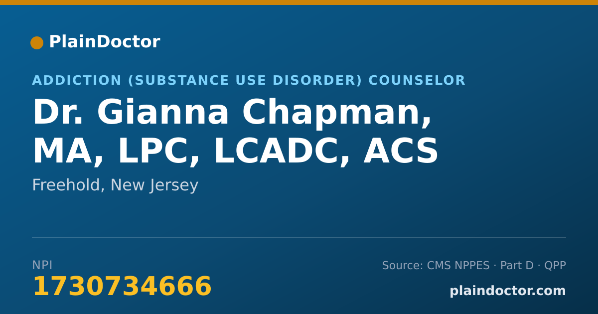 Shareable card for Gianna Chapman, MA, LPC, LCADC, ACS - Addiction (Substance Use Disorder) Counselor, Freehold, NJ