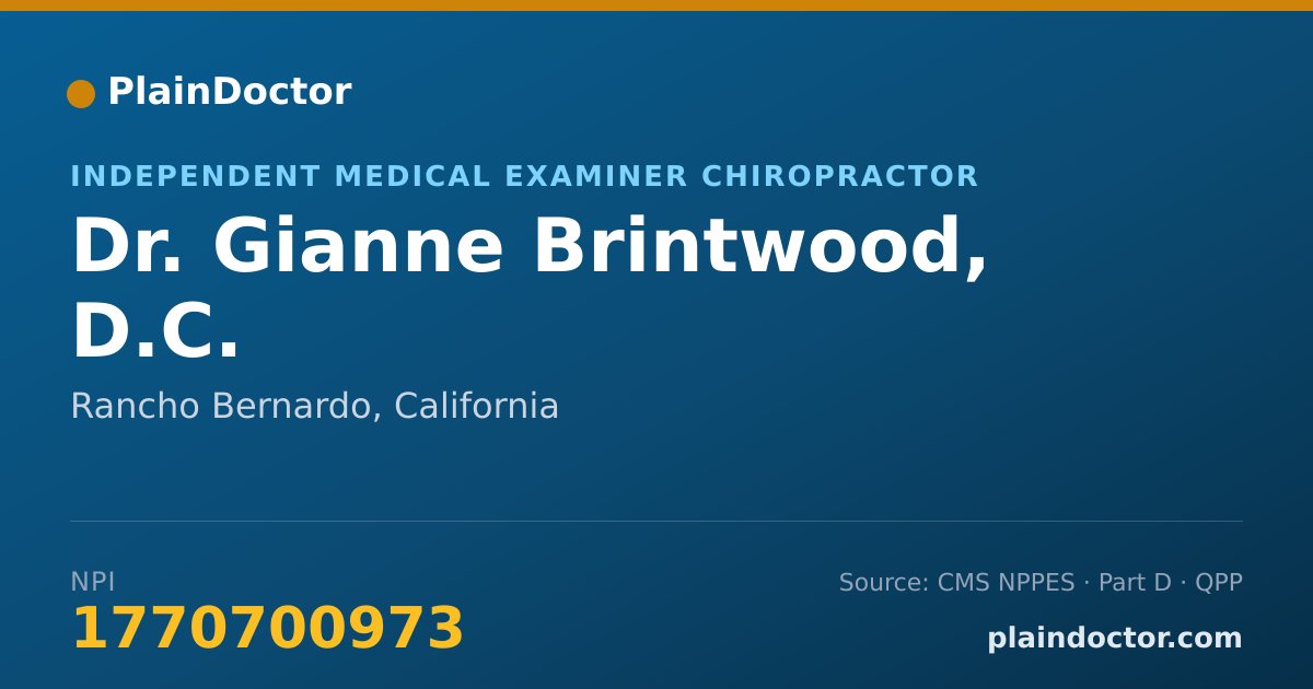 Shareable card for Gianne Brintwood, D.C. - Independent Medical Examiner Chiropractor, Rancho Bernardo, CA