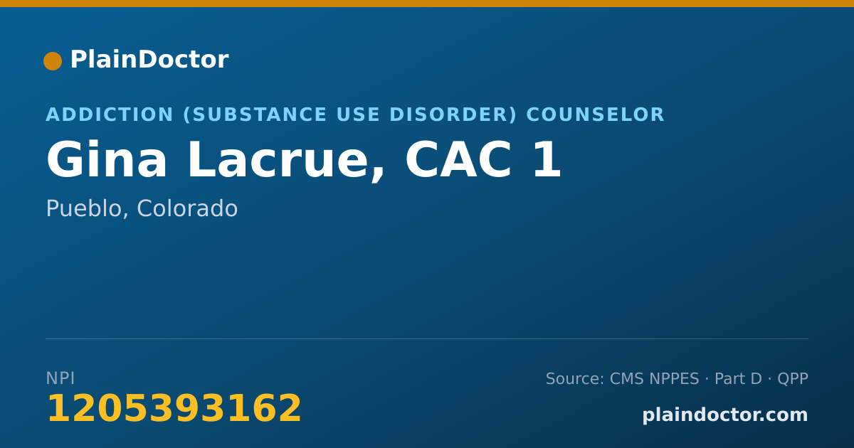 Shareable card for Gina Lacrue, CAC 1 - Addiction (Substance Use Disorder) Counselor, Pueblo, CO
