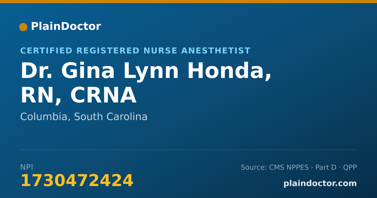 Shareable card for Gina Lynn Honda, RN, CRNA - Certified Registered Nurse Anesthetist, Columbia, SC