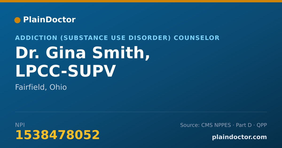 Shareable card for Gina Smith, LPCC-SUPV - Addiction (Substance Use Disorder) Counselor, Fairfield, OH
