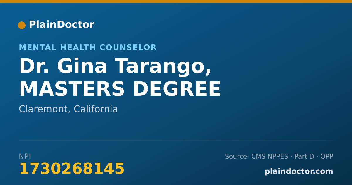 Shareable card for Gina Tarango, MASTERS DEGREE - Mental Health Counselor, Claremont, CA