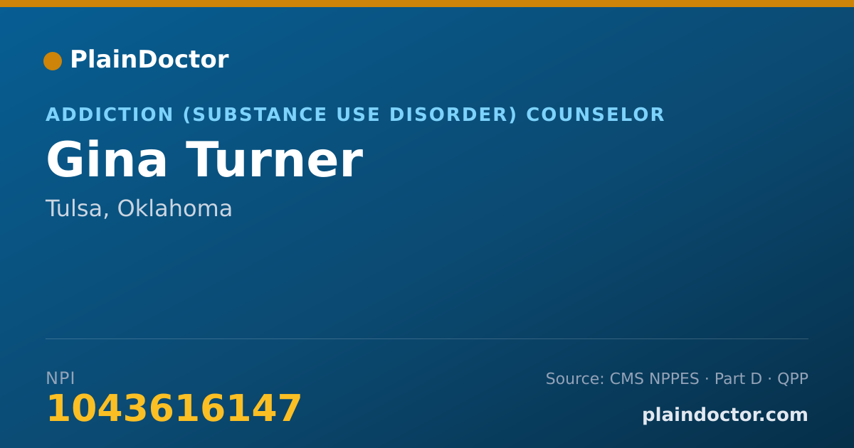 Shareable card for Gina Turner - Addiction (Substance Use Disorder) Counselor, Tulsa, OK