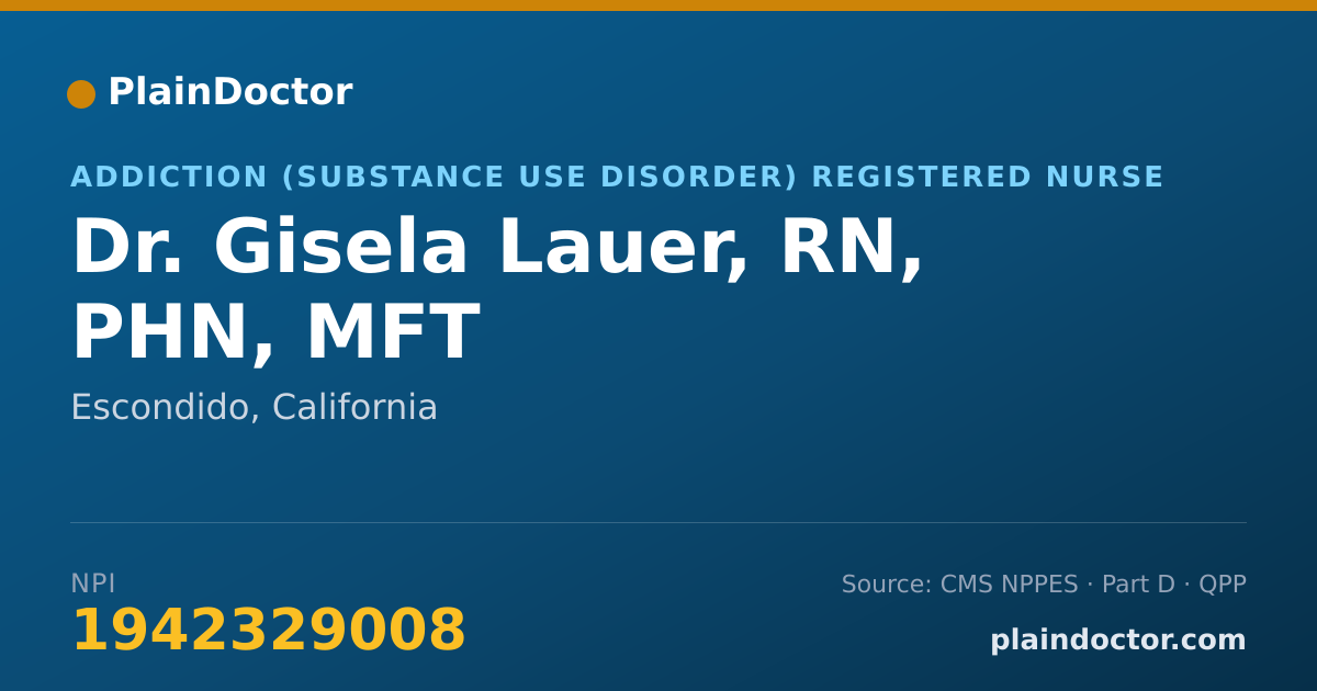 Shareable card for Gisela Lauer, RN, PHN, MFT - Addiction (Substance Use Disorder) Registered Nurse, Escondido, CA