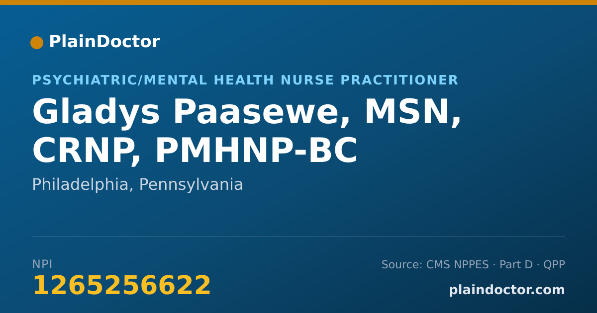 Shareable card for Gladys Paasewe, MSN, CRNP, PMHNP-BC - Psychiatric/Mental Health Nurse Practitioner, Philadelphia, PA