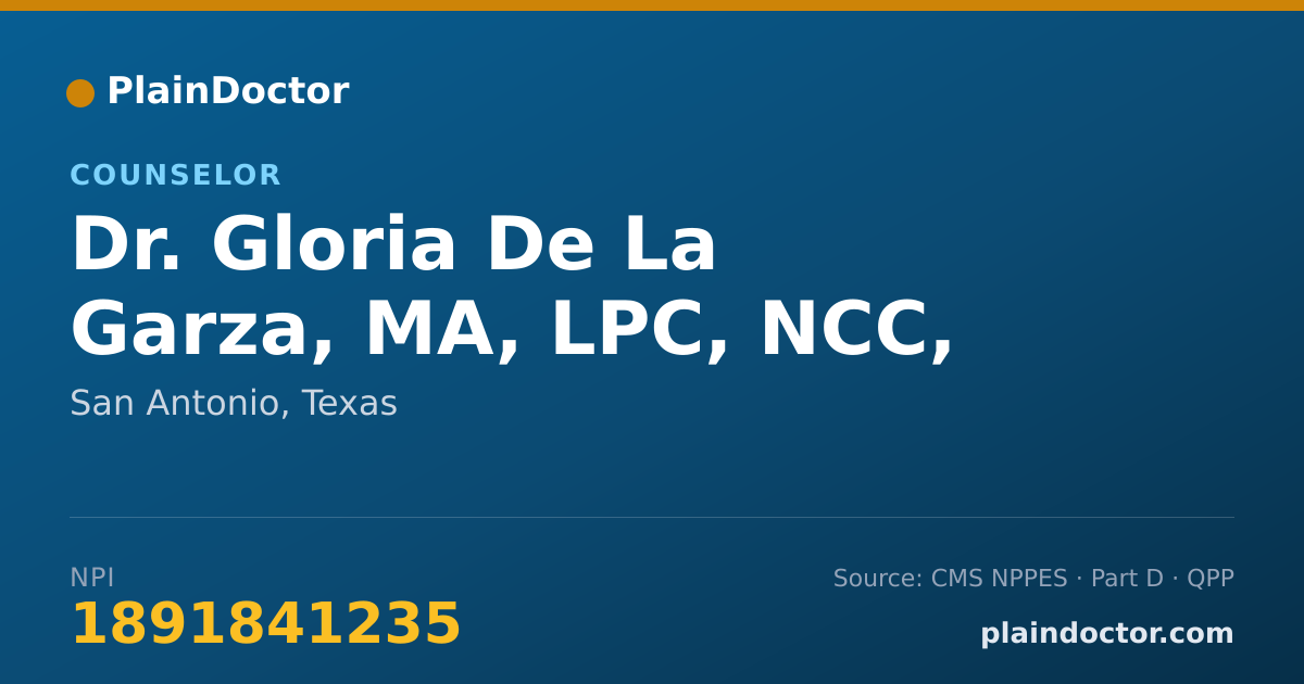 Shareable card for Gloria De La Garza, MA, LPC, NCC, RPT-S - Counselor, San Antonio, TX