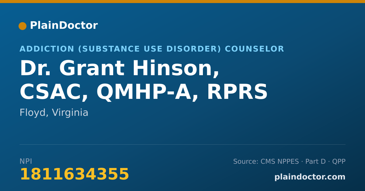 Shareable card for Grant Hinson, CSAC, QMHP-A, RPRS - Addiction (Substance Use Disorder) Counselor, Floyd, VA