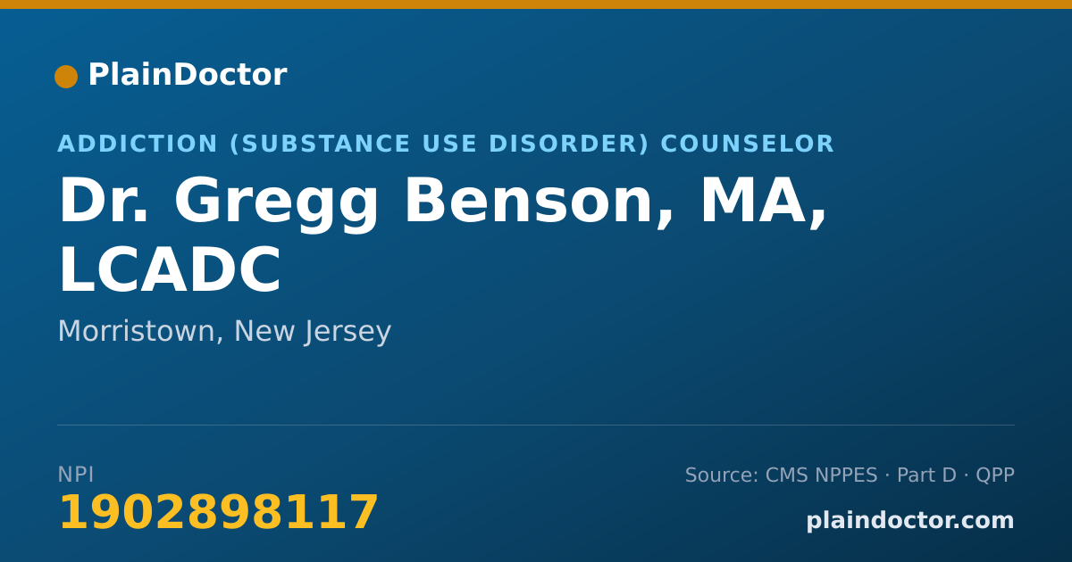 Shareable card for Gregg Benson, MA, LCADC - Addiction (Substance Use Disorder) Counselor, Morristown, NJ