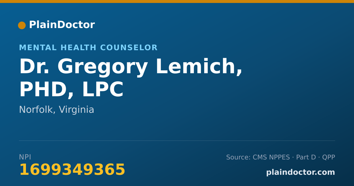 Shareable card for Gregory Lemich, PHD, LPC - Mental Health Counselor, Norfolk, VA