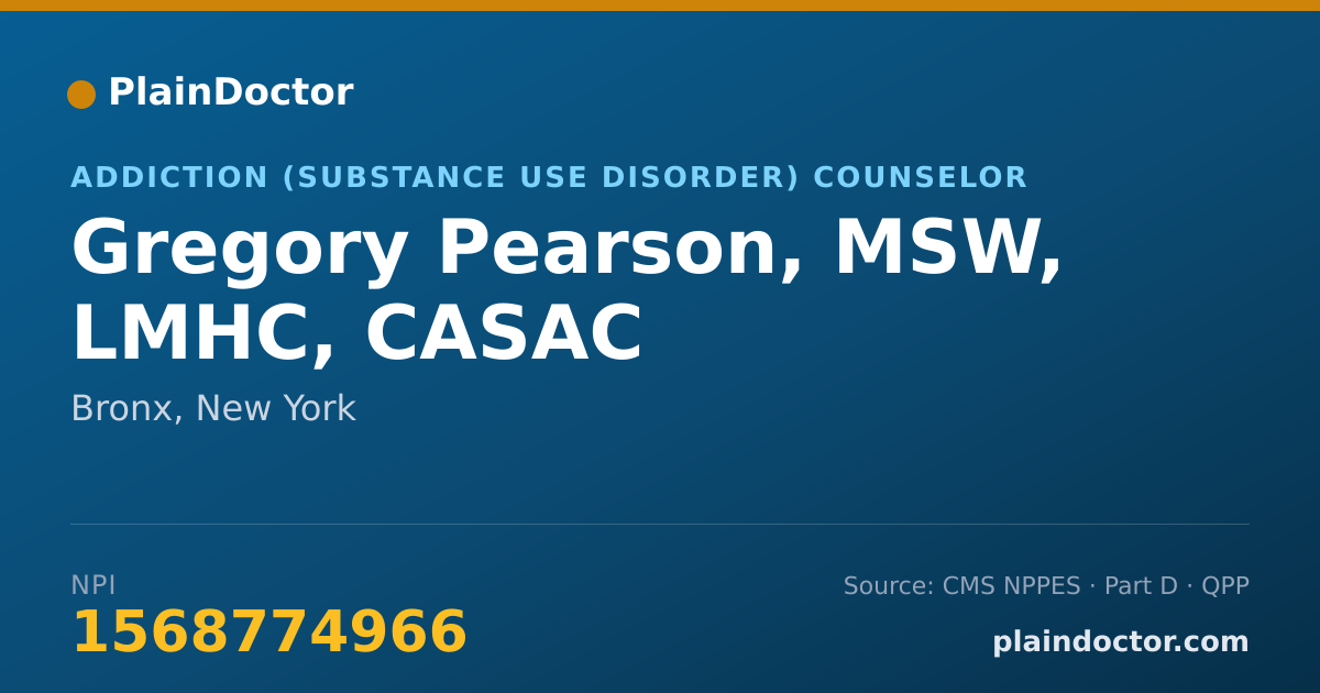 Shareable card for Gregory Pearson, MSW, LMHC, CASAC - Addiction (Substance Use Disorder) Counselor, Bronx, NY