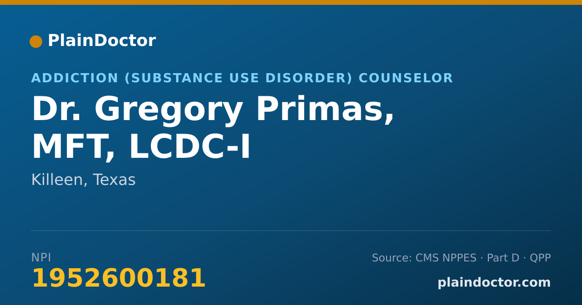 Shareable card for Gregory Primas, MFT, LCDC-I - Addiction (Substance Use Disorder) Counselor, Killeen, TX