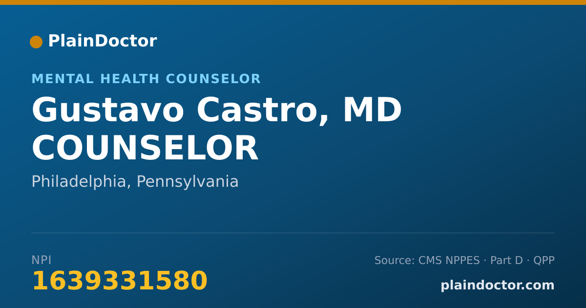 Shareable card for Gustavo Castro, MD COUNSELOR - Mental Health Counselor, Philadelphia, PA