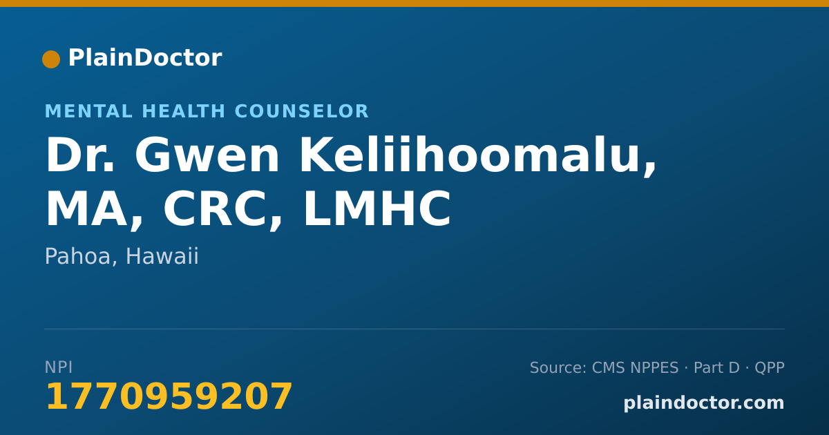 Shareable card for Gwen Keliihoomalu, MA, CRC, LMHC - Mental Health Counselor, Pahoa, HI