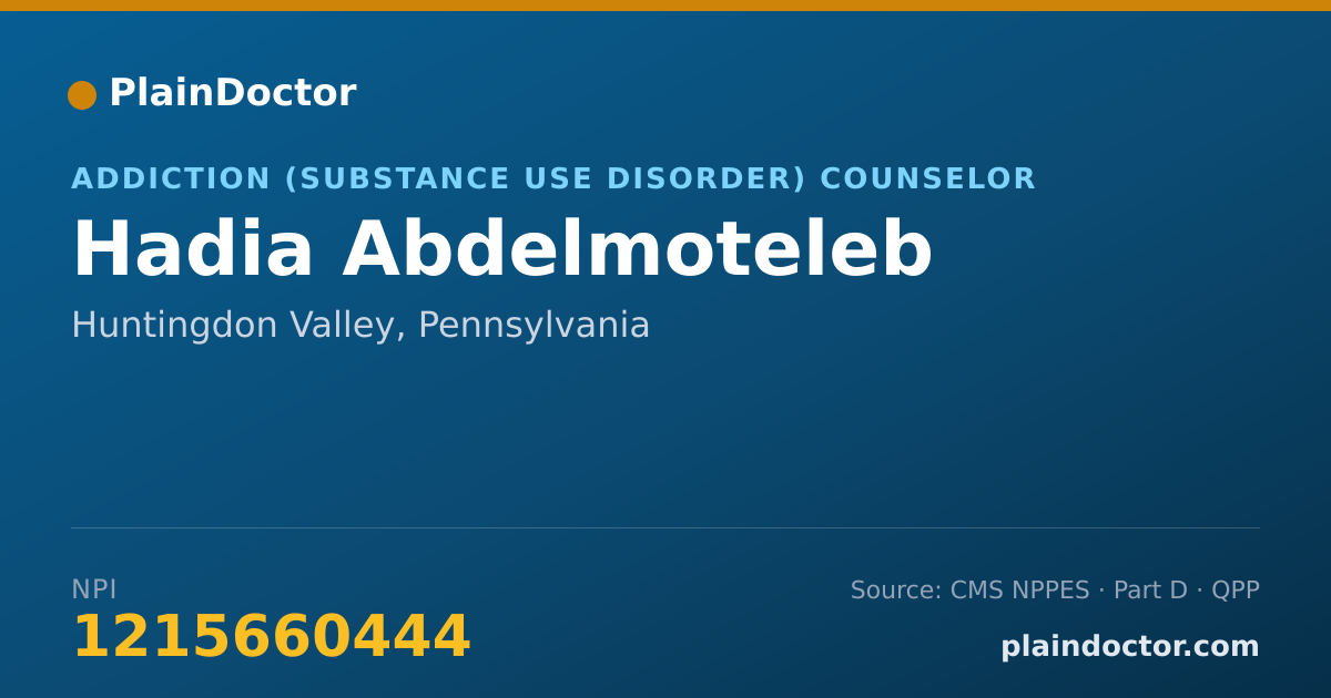 Shareable card for Hadia Abdelmoteleb - Addiction (Substance Use Disorder) Counselor, Huntingdon Valley, PA