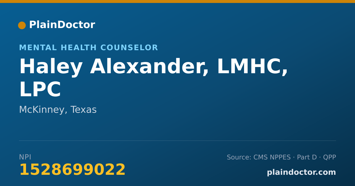 Shareable card for Haley Alexander, LMHC, LPC - Professional Counselor, McKinney, TX
