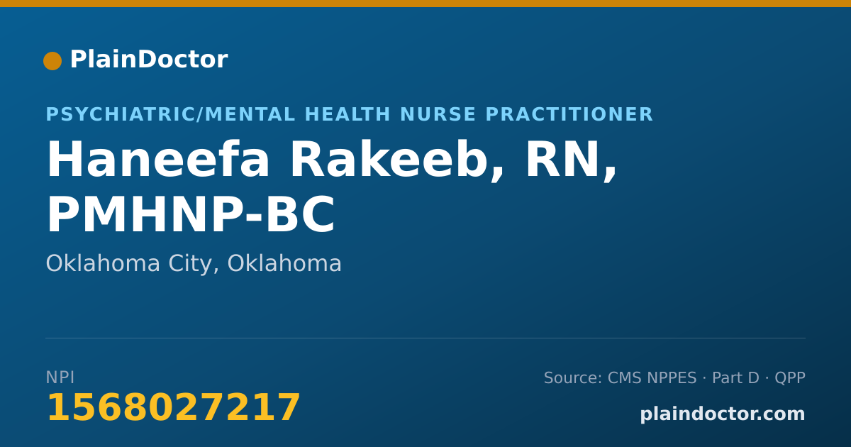 Shareable card for Haneefa Rakeeb, RN, PMHNP-BC - Psychiatric/Mental Health Nurse Practitioner, Oklahoma City, OK