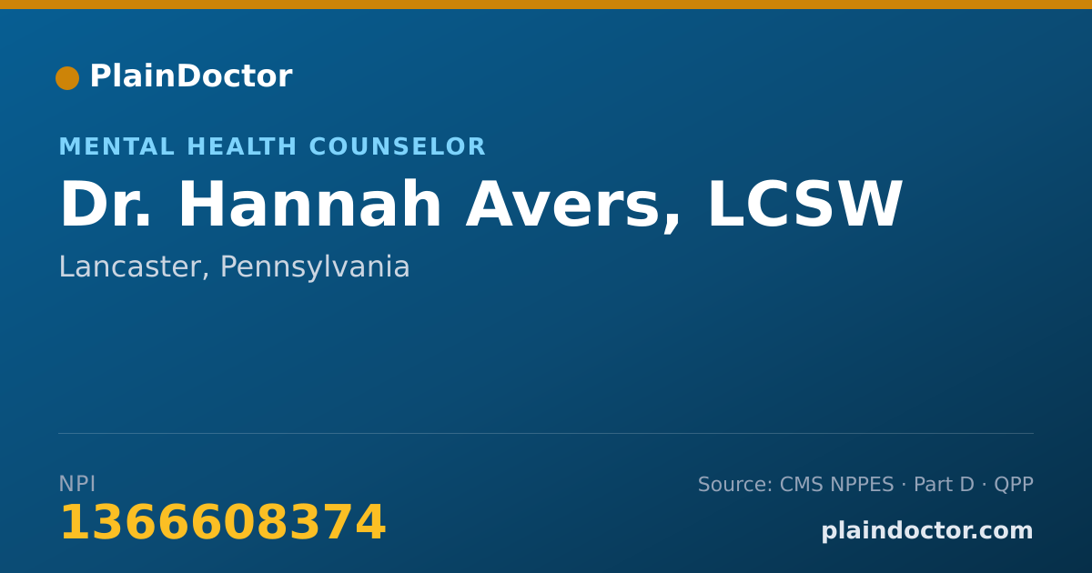 Shareable card for Hannah Avers, LCSW - Mental Health Counselor, Lancaster, PA