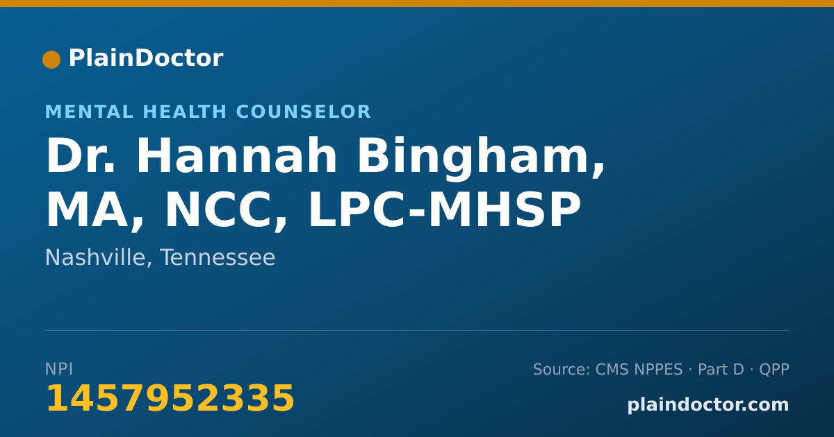 Shareable card for Hannah Bingham, MA, NCC, LPC-MHSP - Mental Health Counselor, Nashville, TN
