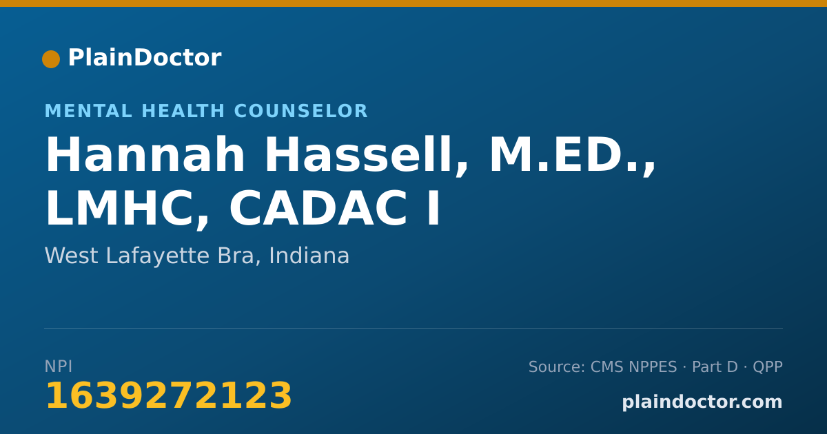 Shareable card for Hannah Hassell, M.ED., LMHC, CADAC I - Mental Health Counselor, West Lafayette Bra, IN