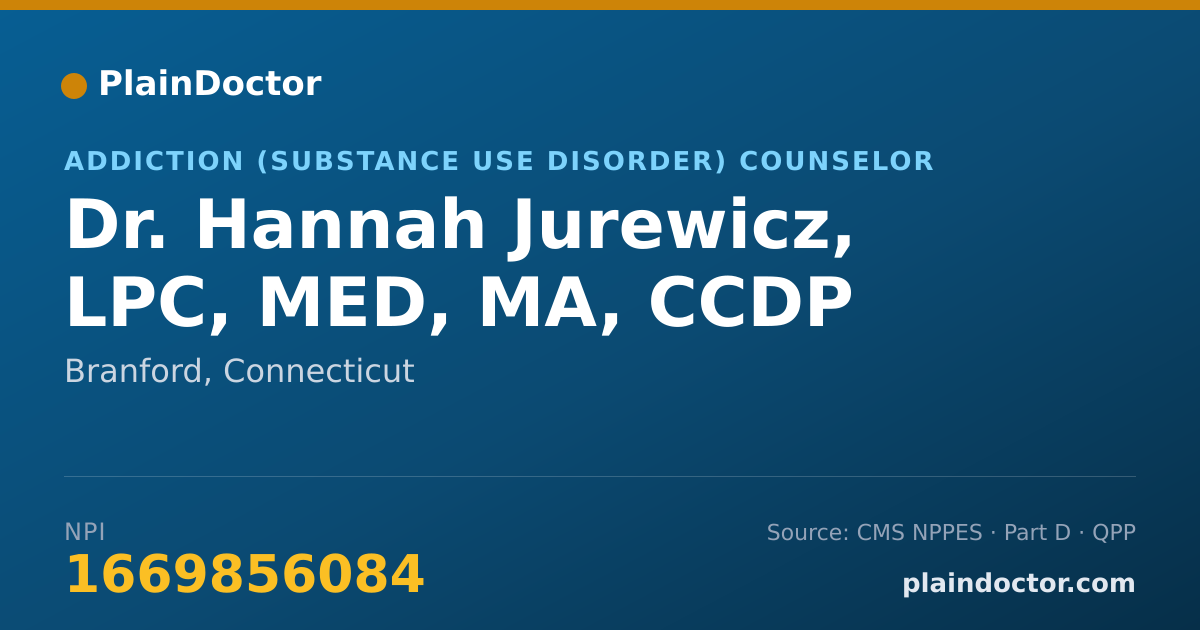 Shareable card for Hannah Jurewicz, LPC, MED, MA, CCDP - Addiction (Substance Use Disorder) Counselor, Branford, CT