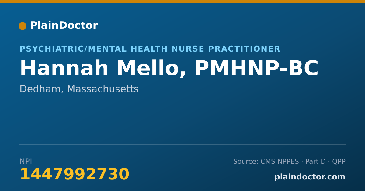 Shareable card for Hannah Mello, PMHNP-BC - Psychiatric/Mental Health Nurse Practitioner, Dedham, MA
