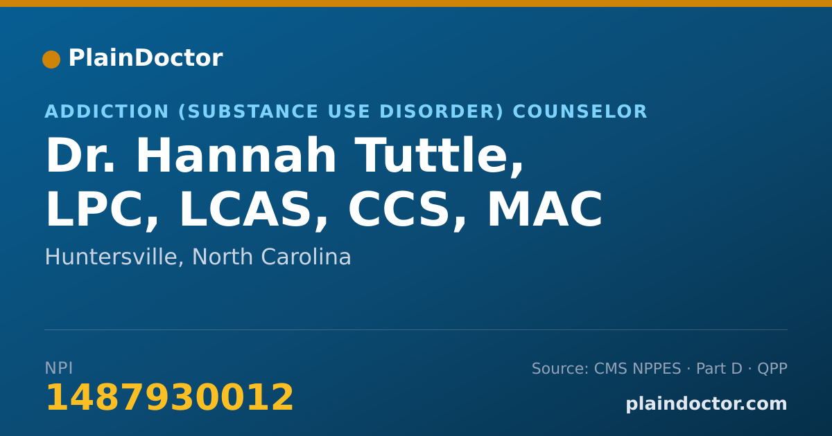 Shareable card for Hannah Tuttle, LPC, LCAS, CCS, MAC - Addiction (Substance Use Disorder) Counselor, Huntersville, NC