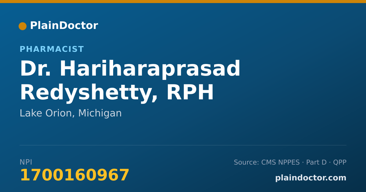 Shareable card for Hariharaprasad Redyshetty, RPH - Pharmacist, Lake Orion, MI