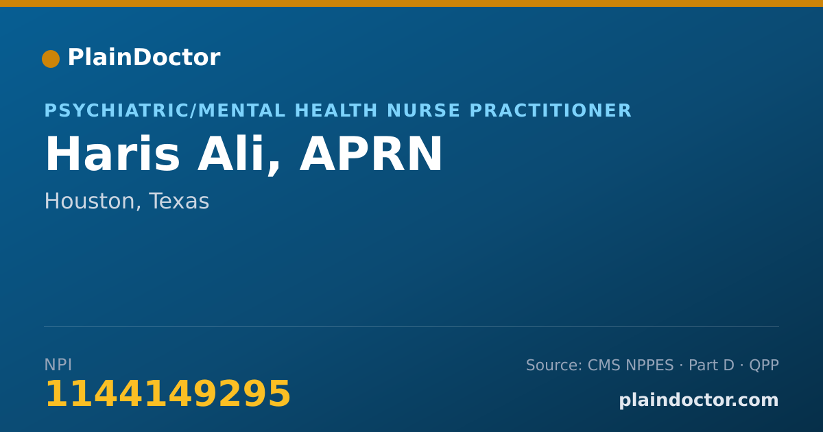 Shareable card for Haris Ali, APRN - Psychiatric/Mental Health Nurse Practitioner, Houston, TX