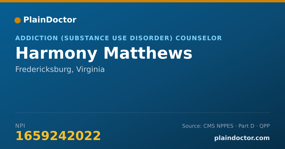 Shareable card for Harmony Matthews - Addiction (Substance Use Disorder) Counselor, Fredericksburg, VA