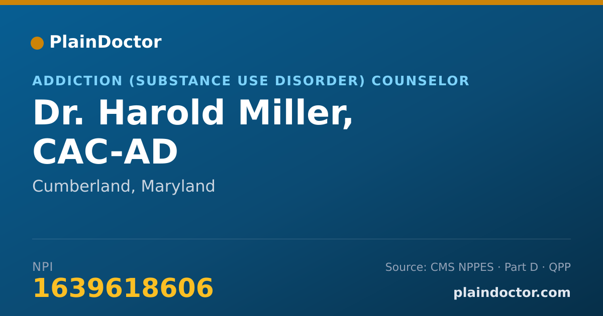 Shareable card for Harold Miller, CAC-AD - Addiction (Substance Use Disorder) Counselor, Cumberland, MD
