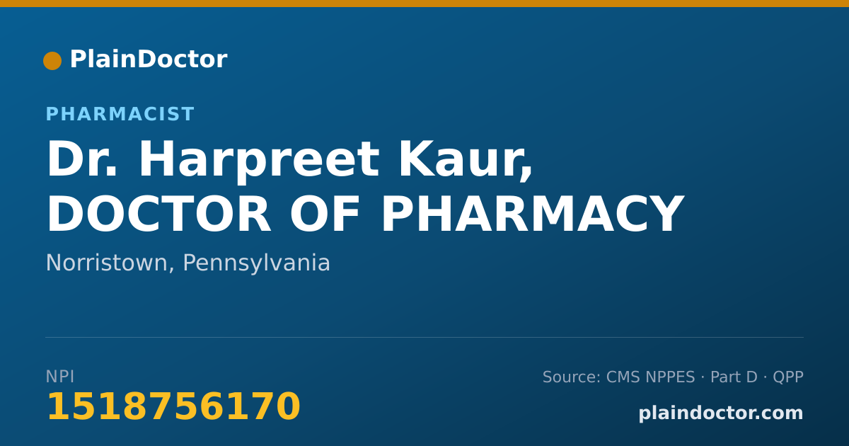 Shareable card for Harpreet Kaur, DOCTOR OF PHARMACY - Pharmacist, Norristown, PA