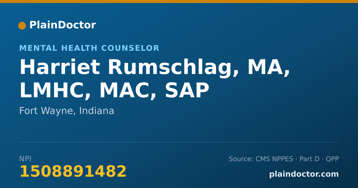 Shareable card for Harriet Rumschlag, MA, LMHC, MAC, SAP - Mental Health Counselor, Fort Wayne, IN