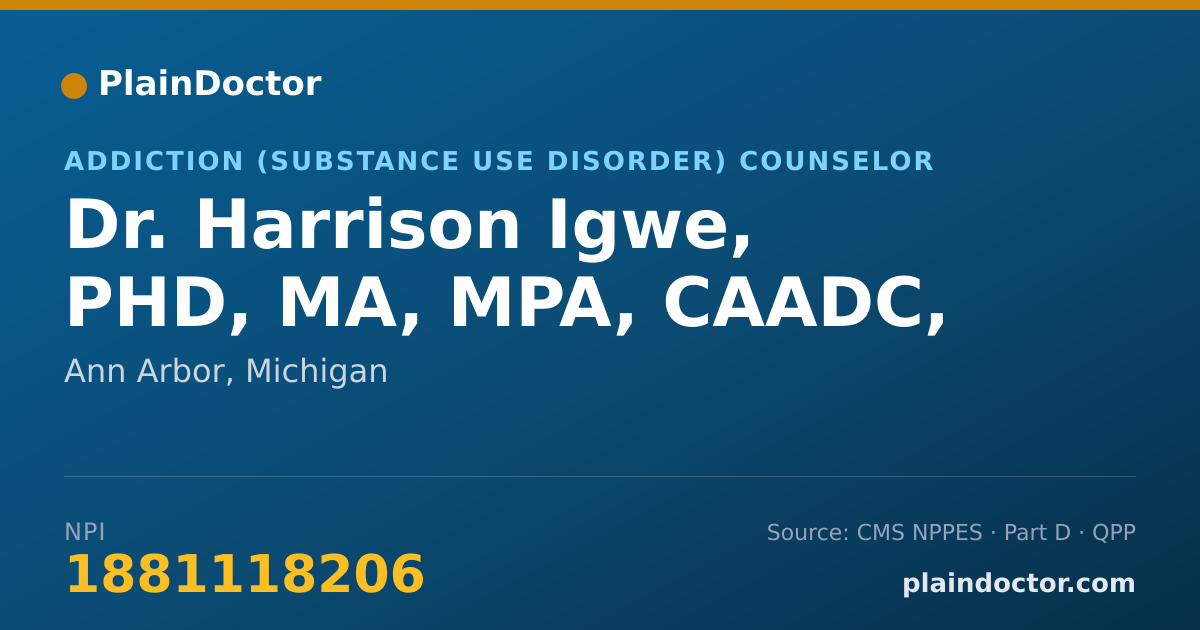 Shareable card for Harrison Igwe, PHD, MA, MPA, CAADC, - Addiction (Substance Use Disorder) Counselor, Ann Arbor, MI