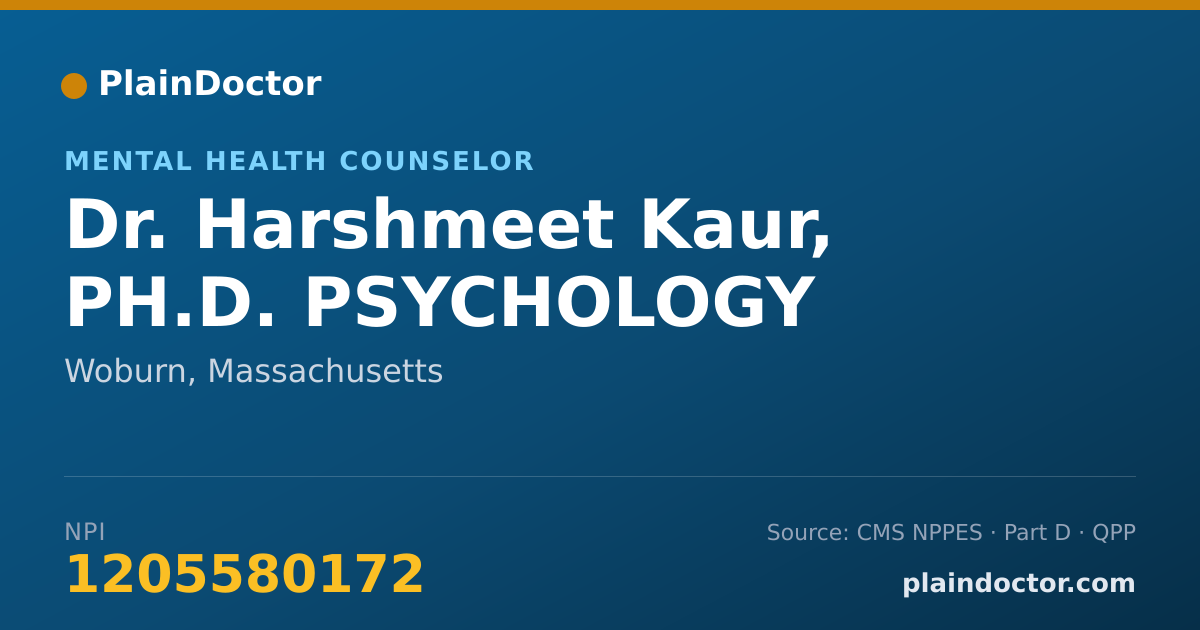 Shareable card for Harshmeet Kaur, PH.D. PSYCHOLOGY - Mental Health Counselor, Woburn, MA